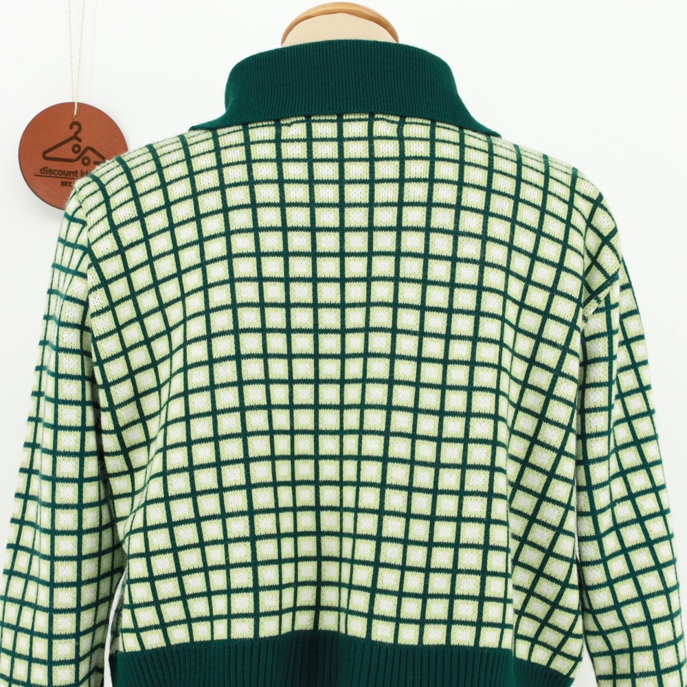 A Lot Studio Green Grid Cropped Varsity Cardigan Sweater Letterman Patch Medium - Picture 6 of 12